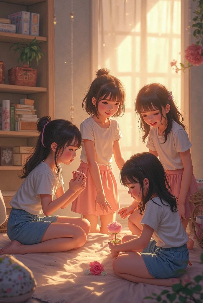 girls only pajama party(girls from 8 to ) (with transparent nightgowns or lingerie as pajamas) in a calm and pleasant environment to play before going to sleep