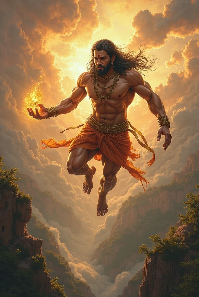 Here’s a detailed prompt:

"Create a dynamic scene featuring Lord Hanuman flying through the sky. He is depicted with a powerful and heroic expression, holding his iconic golden gadha (mace) in one hand. His body is muscular and adorned with traditional clothing, including a dhoti and a waistband. His hair flows wildly in the wind, and he is surrounded by vibrant clouds as he soars above a dramatic landscape. The sky is a mix of vibrant oranges, reds, and purples, symbolizing the strength and energy of the moment. Hanuman's aura should radiate divine power, with subtle glowing light emanating from him, highlighting his divine nature. The background should include hints of mountains and forests far below, creating a sense of vastness and the incredible height at which Hanuman is flying."