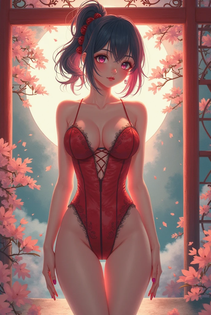 Anime mommy with black hair Tied up and messy in the front and white horns and sexy bodysuit, with red eyes And a naughty face Also put big butterfly tattoo On one thigh and Japanese letters on the other thigh