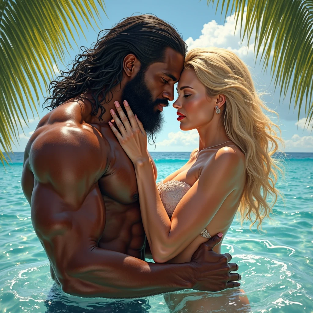 Couple cuddling, Anna Nicole Smith, beautiful,  naked, a wet loose transparent cloth over body, long flowing hair, smiling , long earrings, and, Conan the barbarian , handsome, long straight nose, robust, tall, long hair tied in a bun, stubble beard, shirtless, upper body image, forestfall in background, fog, front view , photorealistic, high resolution