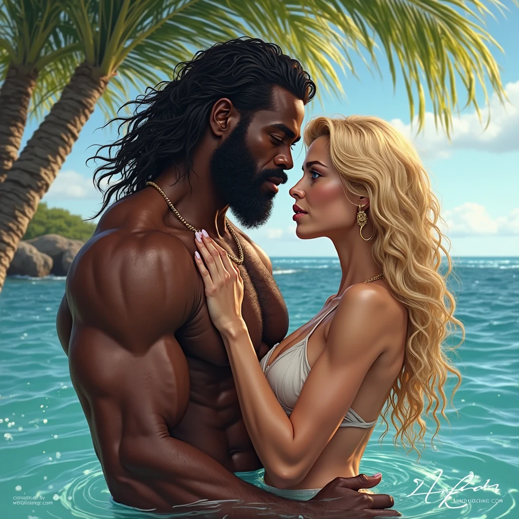 Anime concept art, oil painting, 1male, 1female, White female and her black boyfriend, romance, milf, (((scandinavian woman))), blonde wavy hair, detailed face, Huge-breasts, ((Interracial)), Netorare, male domination, ((African man touching her body)), seduction, smug smile, blushing, sidelocks, hourglass figure, wet oiled bodies, thick body, wide thighs, pubic hair, full lips, expressive eyes, nude, at Africa beach, absurdres, 4k, amazing quality, masterpiece, best quality, extremely detailed, shadows, highly detailed, highres, very aesthetic, balanced lighting, masculine male, african alfa male, dark hair, naked body, very dark skinned male