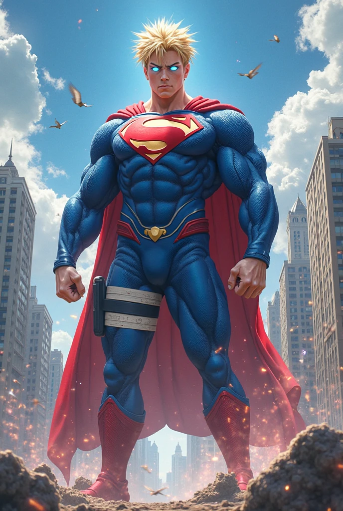 modisn disney, superman, extremely muscular, brooding, looking at viewer, standing in a crater, dust cloud