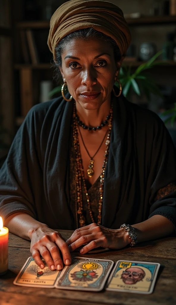 A photorealistic image of a woman 40 years old, tarot reader, sitted on a table with tarot cards and candles. Shot from a close-up angle to capture the sense of texture and vibrancy.