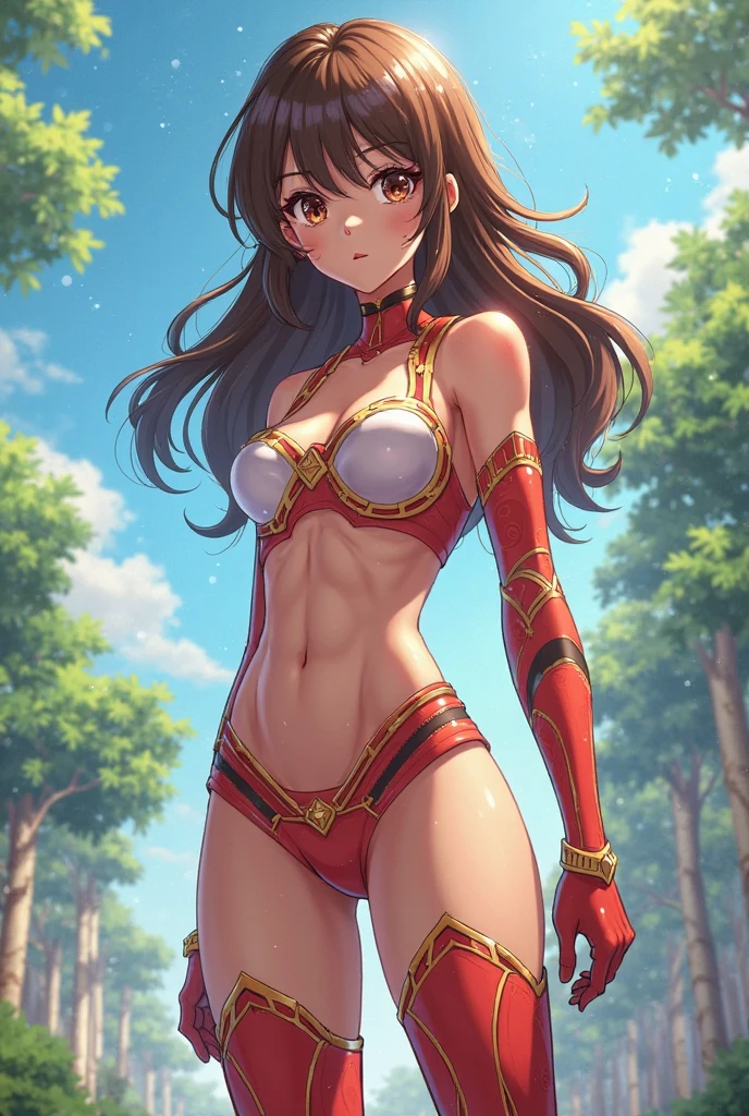 1girl, long brown hair, green eyes, red bikini armour, medium breasts, best quality, masterpiece, ultra-detailed, smirk