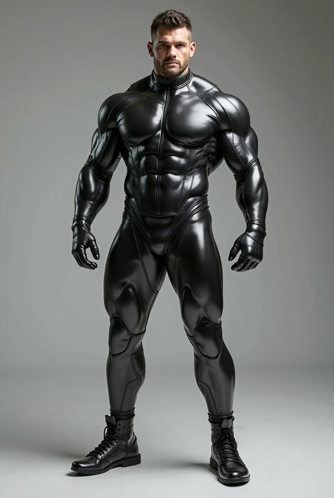 Muscular black man in silver-grey rubber suit
