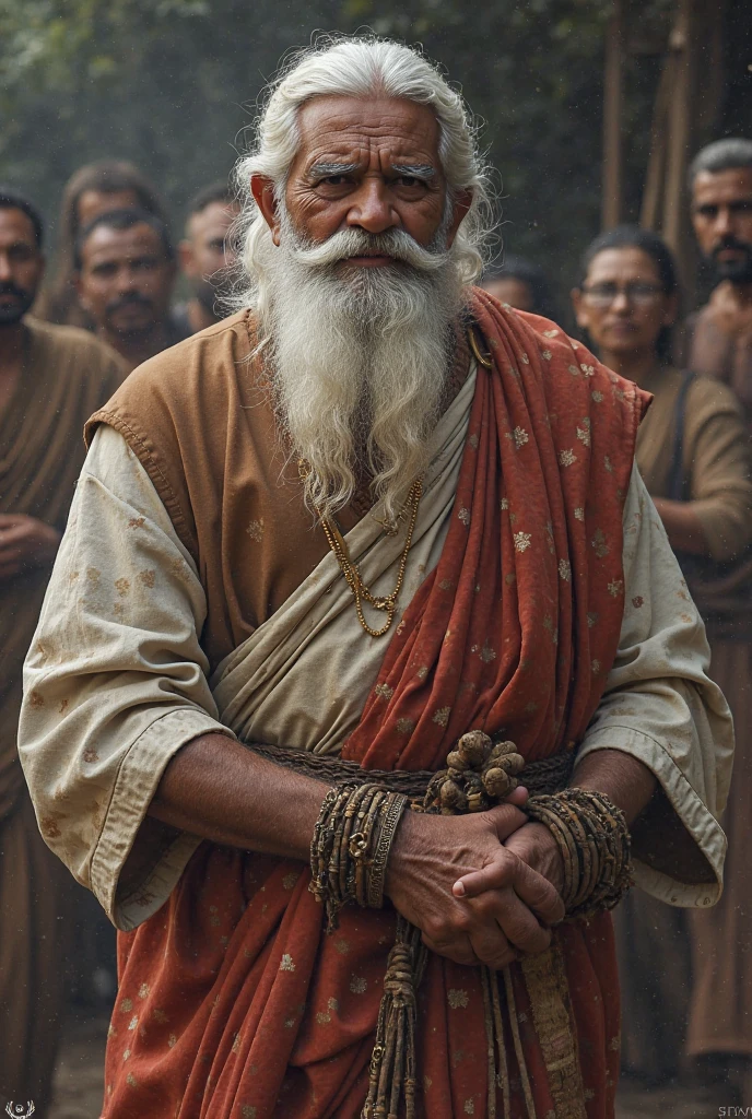 Old monk with muscular body in orange attire with some beard on face and temple background in 9:16