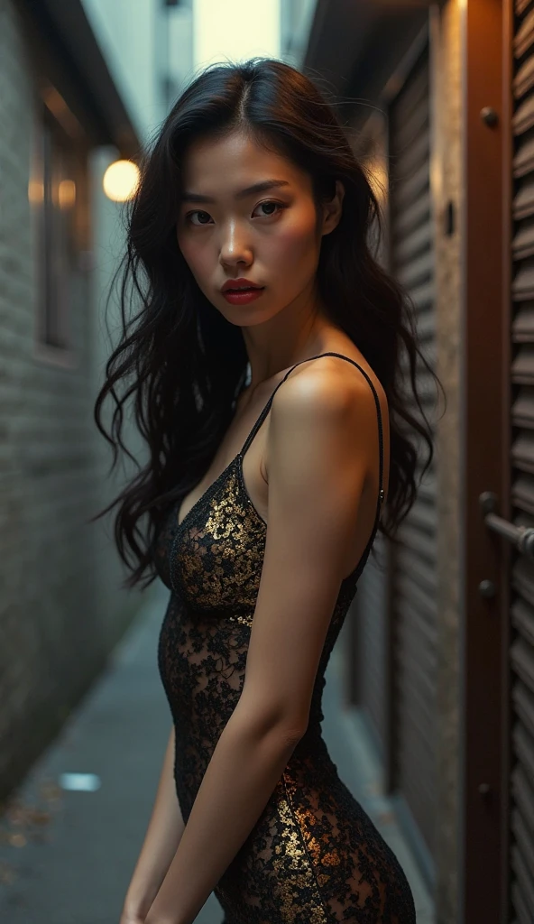 Une jeune femme asiatique debout dans la rue, Pose for a fashion photo shoot, lingerie noir, blur background, Beau, photoreallistic