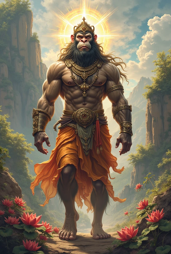 Bhagwan Hanuman ji with smiling face sitting on big rock.