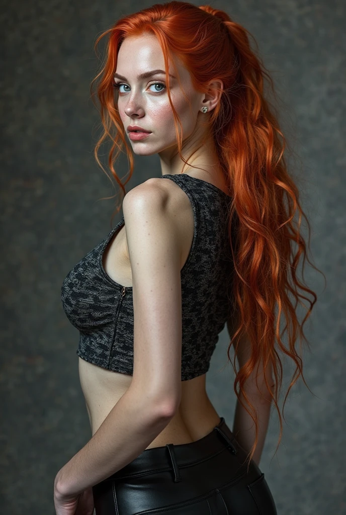 a close up of a woman with long red hair and a black top, a digital rendering by Galen Dara, tumblr, renaissance, long braided orange red hair, complex redhead braided hair, katherine mcnamara inspired, red braided hair, she has long redorange hair, flowing ginger hair, orange braided hair, red intricate long braids, long ginger hair, ginger wavy hair