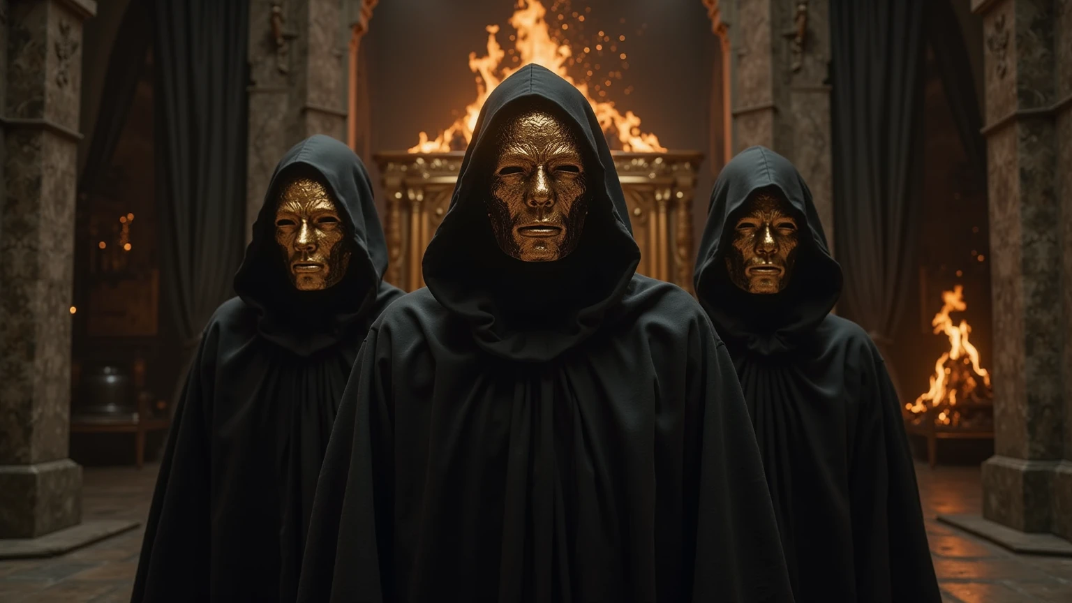 The cover features three women side by side, all wearing skull masks that completely cover their faces, giving them a menacing and mysterious appearance. The mask of the woman in the center is golden, glowing eerily in the light, standing out as the central element of the cover. to the left, the woman wears a silver skull mask, that reflects a soft light, while the woman on the right wears a black mask, dull and dark, almost blending into the dark background.The women are dressed in long black clothes, covered by hoods that leave only their masks and a small part of their faces exposed. Their costumes are heavy and mysterious, with subtle details that suggest power and danger. The woman on the right has dark skin, creating a striking contrast between your mask and the skin around your eyes, visible through the mask openings.The background of the cover is shrouded in darkness, with only a slight glow or suggestive shadows around the women, creating an atmosphere of suspense and mystery. Elements like smoke, dim lights or obscure symbols can be added to the background to heighten the sinister mood. The cover&#39;s color palette is predominantly dark., com tons de preto, doradas, silver and shadow accents to create a sense of intensity and impending danger.