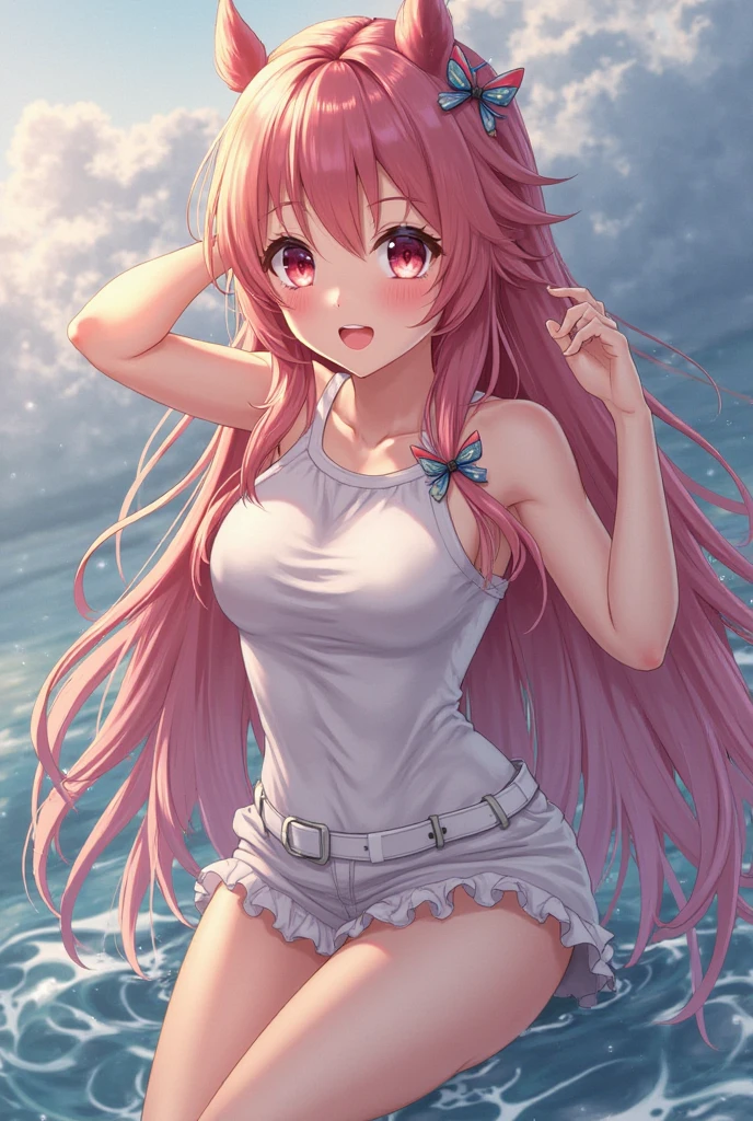 (8k photo, best qualityer) 1womanl, defined body, muslos grandes, t-shirt longa, pantyrose, hair ultra long, magenta hair, clear eyes. 