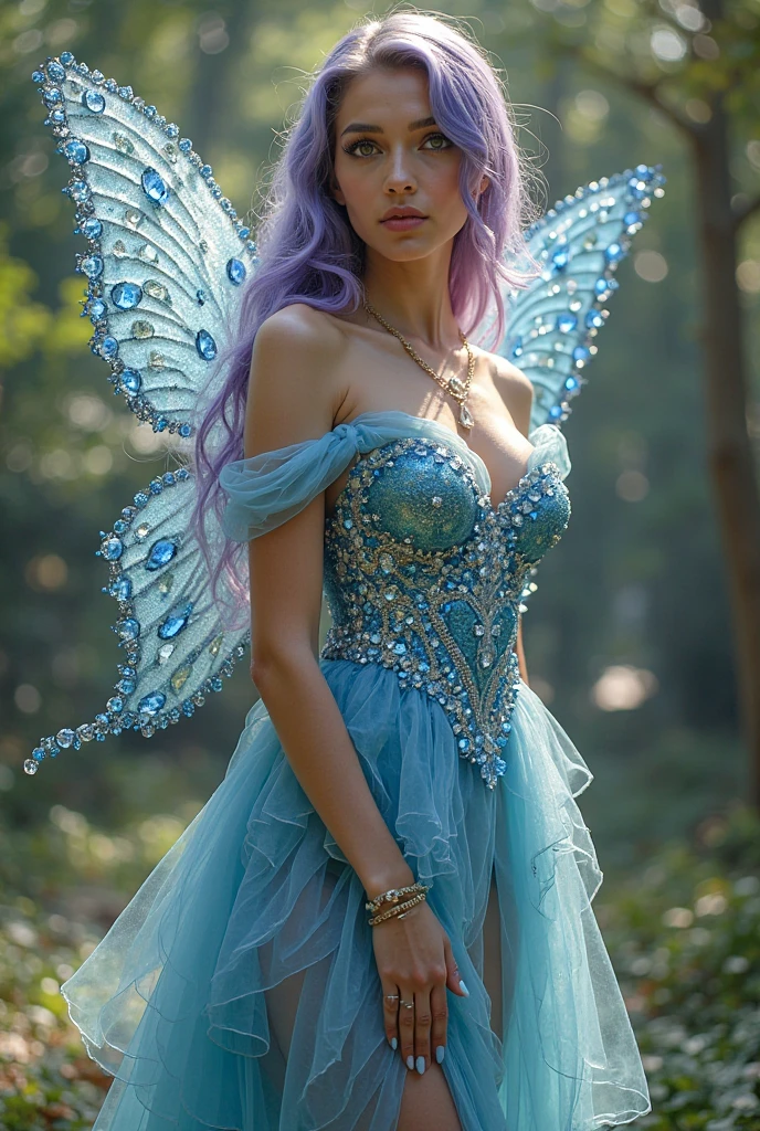 (medium full shot) of (ethereal fairy) young woman, swedish, blue eyes, fair skin, slender, wearing a sparkling corset,whimsical tutu with glowing accents, shimmering ankle boots, sapphire blue hair styled into elegant twists, ethereal moth wings, floral face paint,intricate vine bracelet, smiling at the viewer, set in a twilight forest, with trees that seem to whisper secrets, and the sky is painted in hues of purple and blue as the day turns to night, under the moonlight, Masterpiece,best quality, photorealistic, amazing quality, very aesthetic, extremely detailed face,