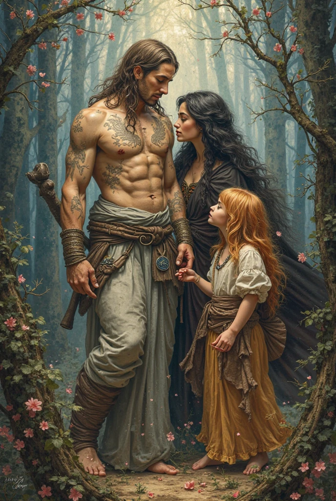 A woman with long strawberry blonde hair, amber eyes, pretty in a white dress and next to her a tanned man with short wavy black hair, bright green eyes and a defined body, alpha male and a  dressed as a chubby son of the couple in the middle of a forest at dark night with moonlight and wolves ( 真实感)