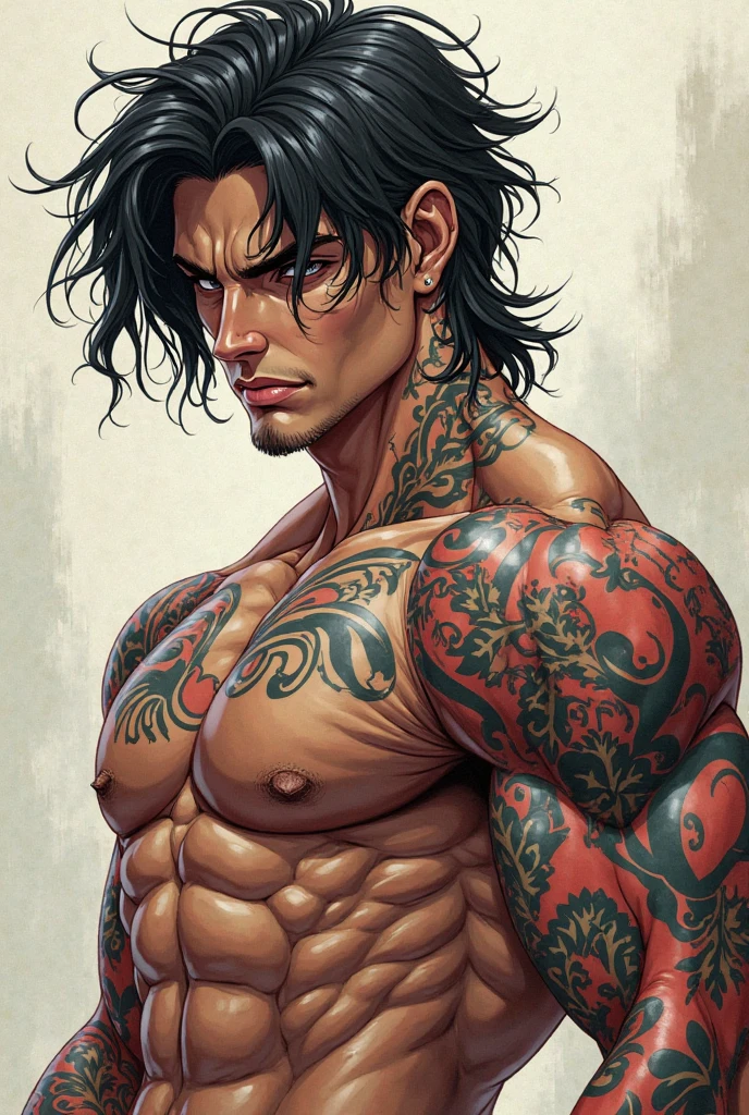 A Korean character,He has jet black hair, intense brown eyes and a defined jaw.. He is tall and muscular,has tattoos covering his arm and torso Korean manhwa style panel