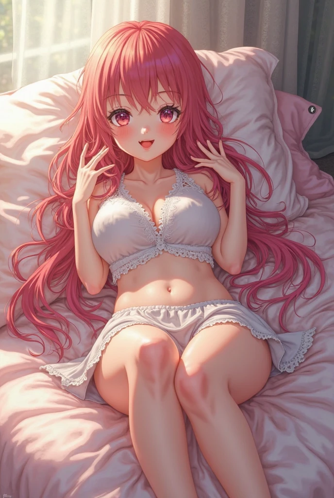 (8k photo, best qualityer) 1womanl, defined body, muslos grandes, t-shirt longa, pantyrose, hair ultra long, magenta hair, clear eyes.