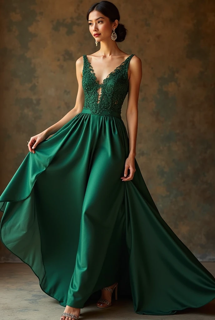  young brunette woman, brown eyes. long brown hair. Short A-line dress with straps in shiny green chiffon, Tights, 项链, transparent lip gloss, narrow building, Pretty, 2, Full body photo, long legs, Satin top, Standing in the living room. Playing with the dress, Presenting legs, is enthusiastic, Beautiful shoes