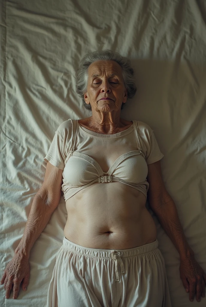 an old woman with a hairy vagina. this woman needs to be lying on a bed with her legs open to show her hairy vagina