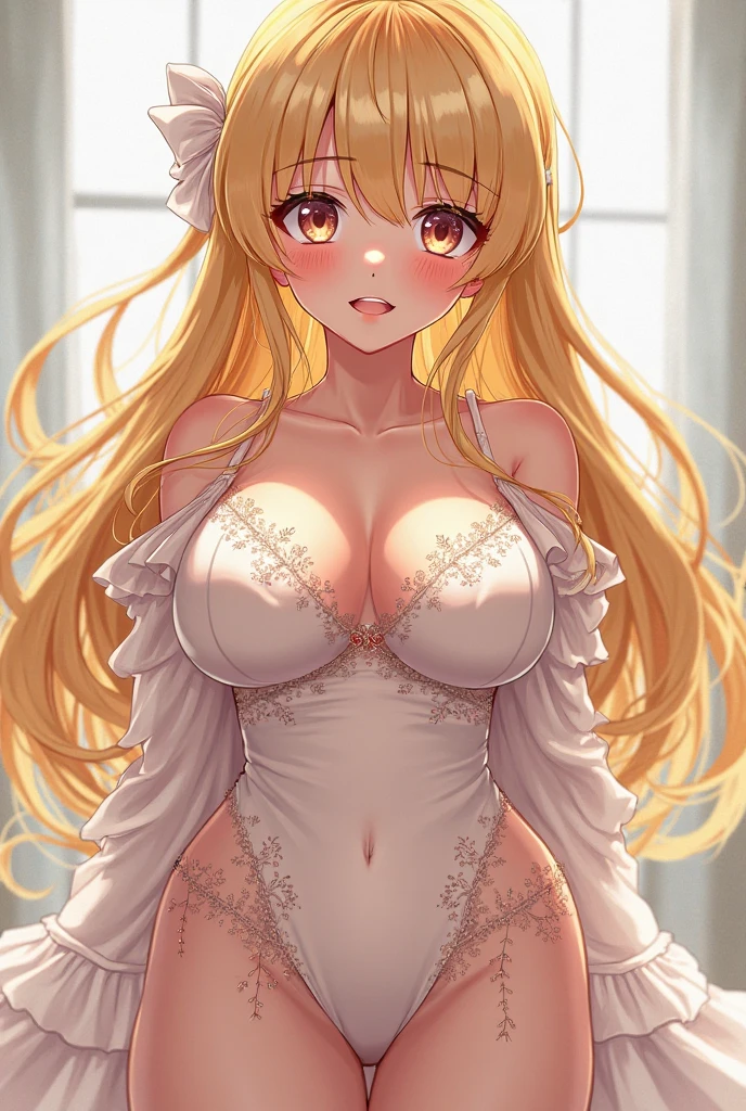 (best quality,ultra-detailed,photo-realistic:1.50), foto de busto, enquadramento de busto perfeito, bright and vibrant colors,studio lighting,playful expression,stylish makeup,long blonde hair flowing in the wind,alluring eyes,glossy lips,sexy pose, seios grandes e perfeitos, lindo vestido elegante, vestido longo, vestido rosa e dourado, silhueta incrivelmente sexy, curvas perfeitas e sexy, corpo sensual e feminino, Disney, Castle, smiling in a confident and seductive way,posing for a professional photoshoot,shallow depth of field,highlighting the main subject,soft natural lighting,creating a dreamy and magical atmosphere. Hands in hair