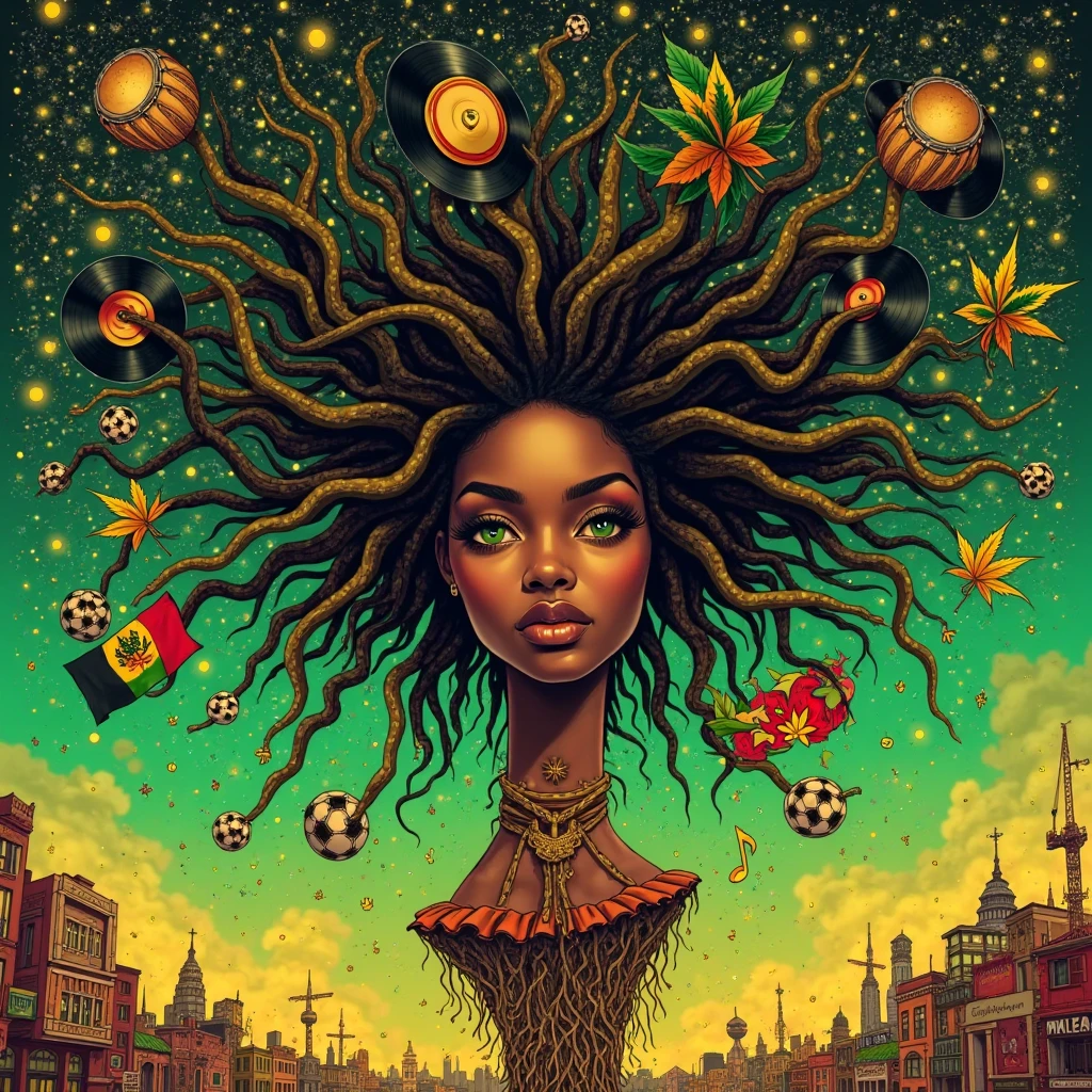 (((obra de arte))), melhor qualidade, illustration detailed, estampa em camiseta, mulher bonita, cabelos coloridos (rosa:1.3), roupas brancas, fundo inspirado nas cores do reggae, fazendo artesanato.
