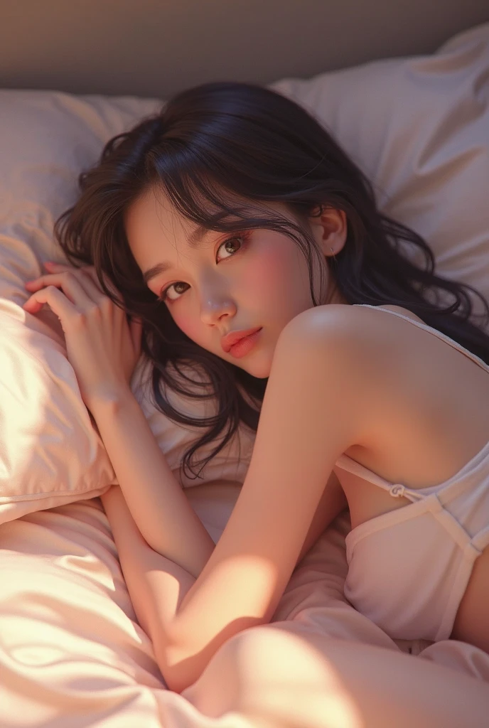 masterpiece, best quality, photorealistic,
 (1girl), petite, (flat chest), beautiful girl, cute girl, porcelain skin, pale skin, stunning innocent face, emotional, ulzzang, pillow, 
(pink pajamas), 
(sleepeace), lying on back, on bed, from above, 
photorealistic,