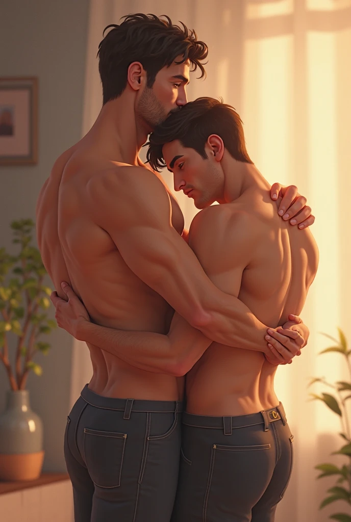 Two men are having anal sexual intercourse, the first man is hugging while kissing the second man's neck from behind