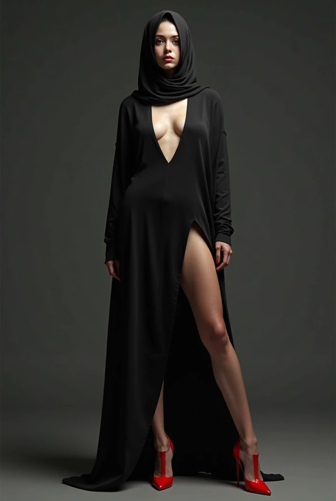 Redhead teenage short girl, standing. black loose fleece dress. black suede stilettos. [small breasts]. UHD. Detailed. High LOD. slightly wavy hair. Full Body. hair with little volume.