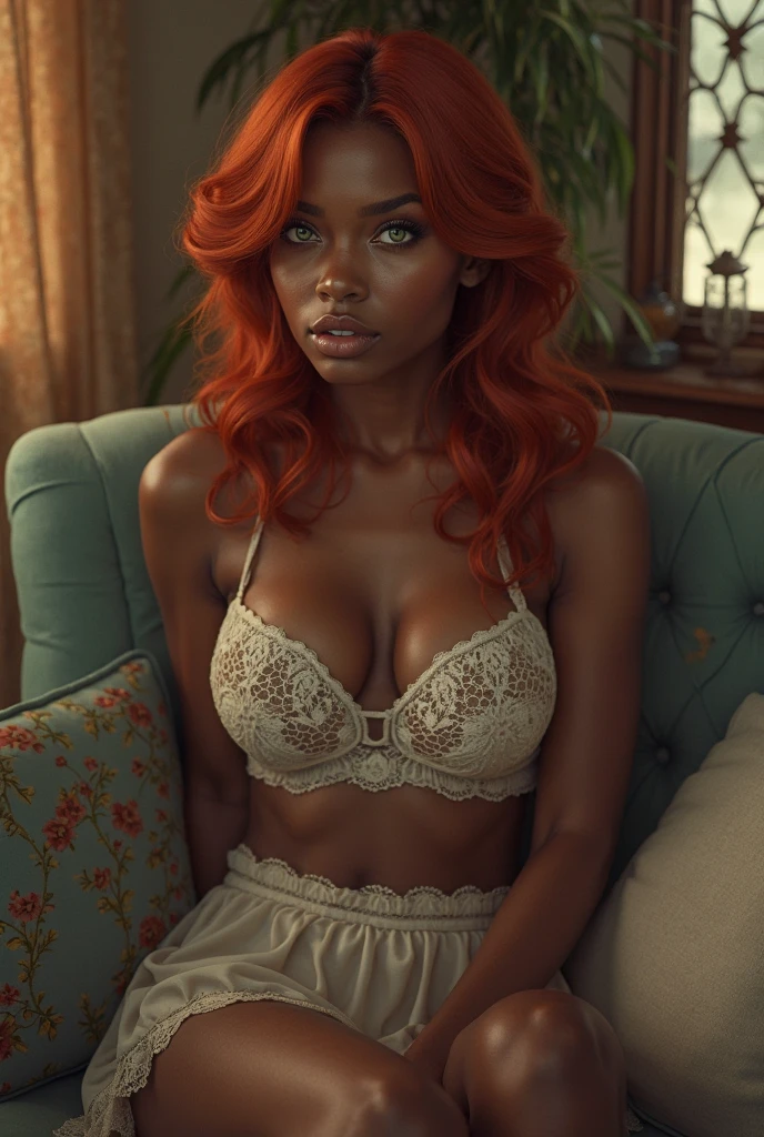 a very beautiful woman with dark skin, red hair in a bob hairstyle, expressive blue eyes, wearing white lace lingerie, in a bedroom setting with a sexy and erotic atmosphere,(best quality,4k,8k,highres,masterpiece:1.2),ultra-detailed,(realistic,photorealistic,photo-realistic:1.37),portrait,glamorous,dramatic lighting,cinematic,chiaroscuro