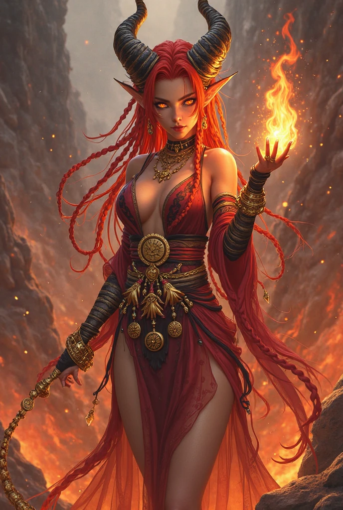 Fantasy Female sorceress, red hair, fair skin, fire tattoo, freckles, topless, crystal necklace, perky nipples