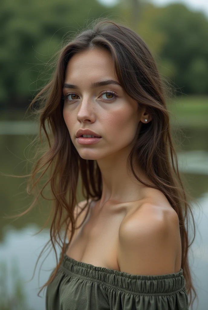 21 year old girl ((highly detailed women face)) with long brunette hair and (beautiful detailled green eyes:1.2)(closed mouth:1.2), some facial imperfections, ultra detailed, beautiful girl, real human, striking features, beautiful, intricate details, tension, contrast, (high texture:1.2) (realism:1.2), high-quality rendering, stunning art, high quality, detailed skin, vibrant details, hyper-realistic, ((Photo Focus, DOF, Aperture, insanely detailed and intricate, character, hypermaximalist))