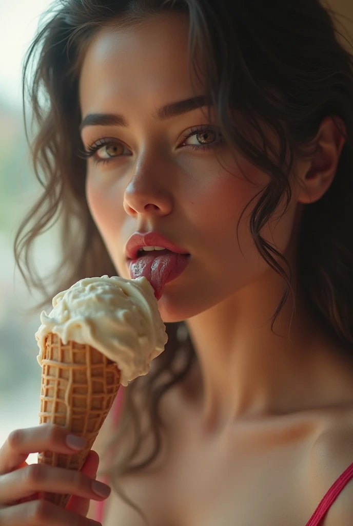 Sexy woman mouth licking ice cream ball. Ice cream runs down the corners of the mouth. focus on mouth. Abstract style
