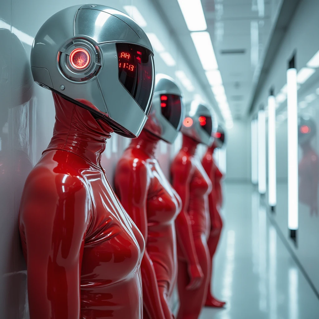 there are many mannequins in a row in a room, spaceship hallway background, red and cinematic lighting, pascal blanche, 'the red citadel, passengers, fiberglass, featured in cinematic, guards, cybergods, promotional picture, cinematic image --ar 16:9 --auto --s2