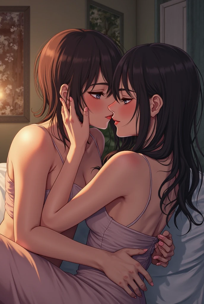 A realistic anime style image of two women deeply in love. One is a beautiful Asian woman with long black hair, dressed in an elegant petrol blue nightgown. She is about to be kissed by a beautiful British woman with semi-short light brown hair, who is dressed in a white sleeveless nightgown. She is caressing the Asian woman's cheek, who has her eyes closed, waiting for the long-awaited kiss. They are sitting on a brown leather sofa in an elegant living room. There is intimacy and love between them.