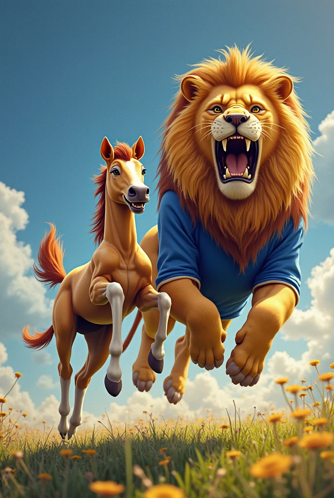 A horse is sleeping, and a lion is barking.