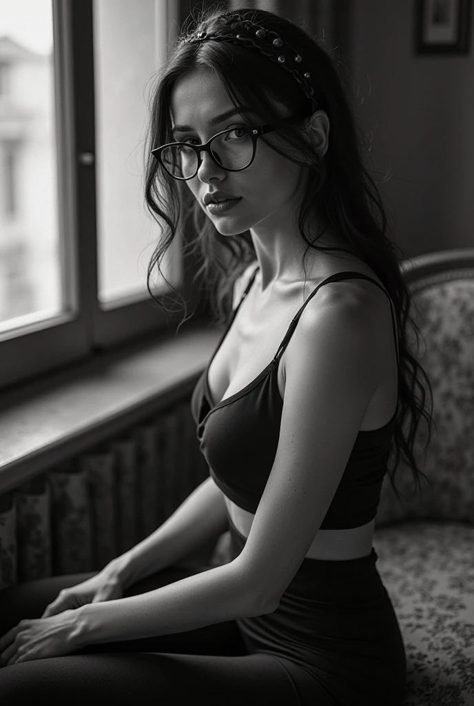 Extravagant mature woman with beautiful face, black loose hair, wearing glasses, black lace lingerie and stocking belt by La Perla, detailed facial details, studio photo, classic style, high resolution, black and white photo, 
in the style of photographer Helmut Newton