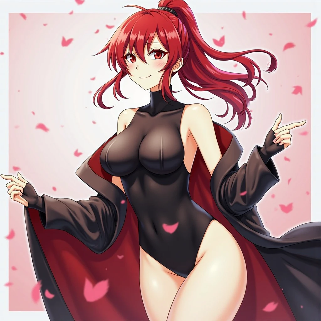 (La mejor calidad, anime, cuerpo completo, illustration, hembra madura, chica mala, largo Pelo rojo, Mirando al espectador, ojos azules, senos grandes, saco negro, vestido corto rojo,