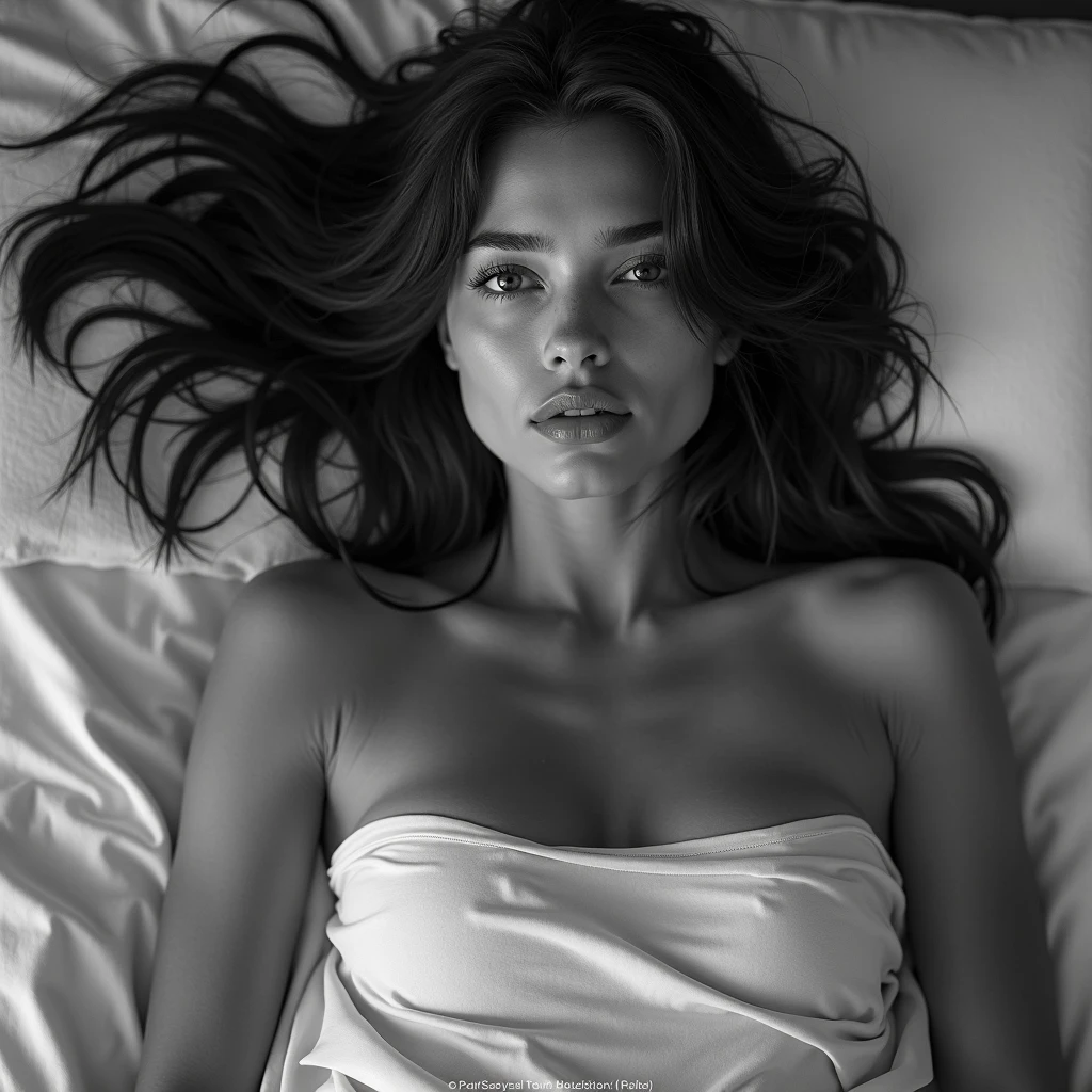 A black-and-white fashion photograph with the grain of analog film, and high contrast, captured from a low angle from behind a beautiful model woman's ass, a naked woman with open legs and lying on a couch. She is holding her legs open and holds a sheer white sheet that delicately drapes over her body exposing her breasts and below the waist,  creating soft, translucent layers. Her legs are bent, adding a dynamic element to her pose. Her hair is wavy and slightly damp, contributing to a sensual, natural aesthetic. The grainy, film-like texture, combined with the monochromatic tones, evokes a timeless and intimate atmosphere, the grain emphasizing the elegant interplay of light, shadow, and texture in the composition.