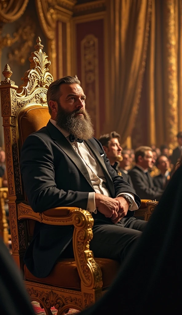 A photo of Robert sitting at a lavish banquet table, surrounded by an array of indulgent dishes and drinks,Game of Thrones TV series,Robert is fat, with thick black hair and beard streaked with grey, commonly wears black with yellow accents. Famously portrayed by Mark Addy, male