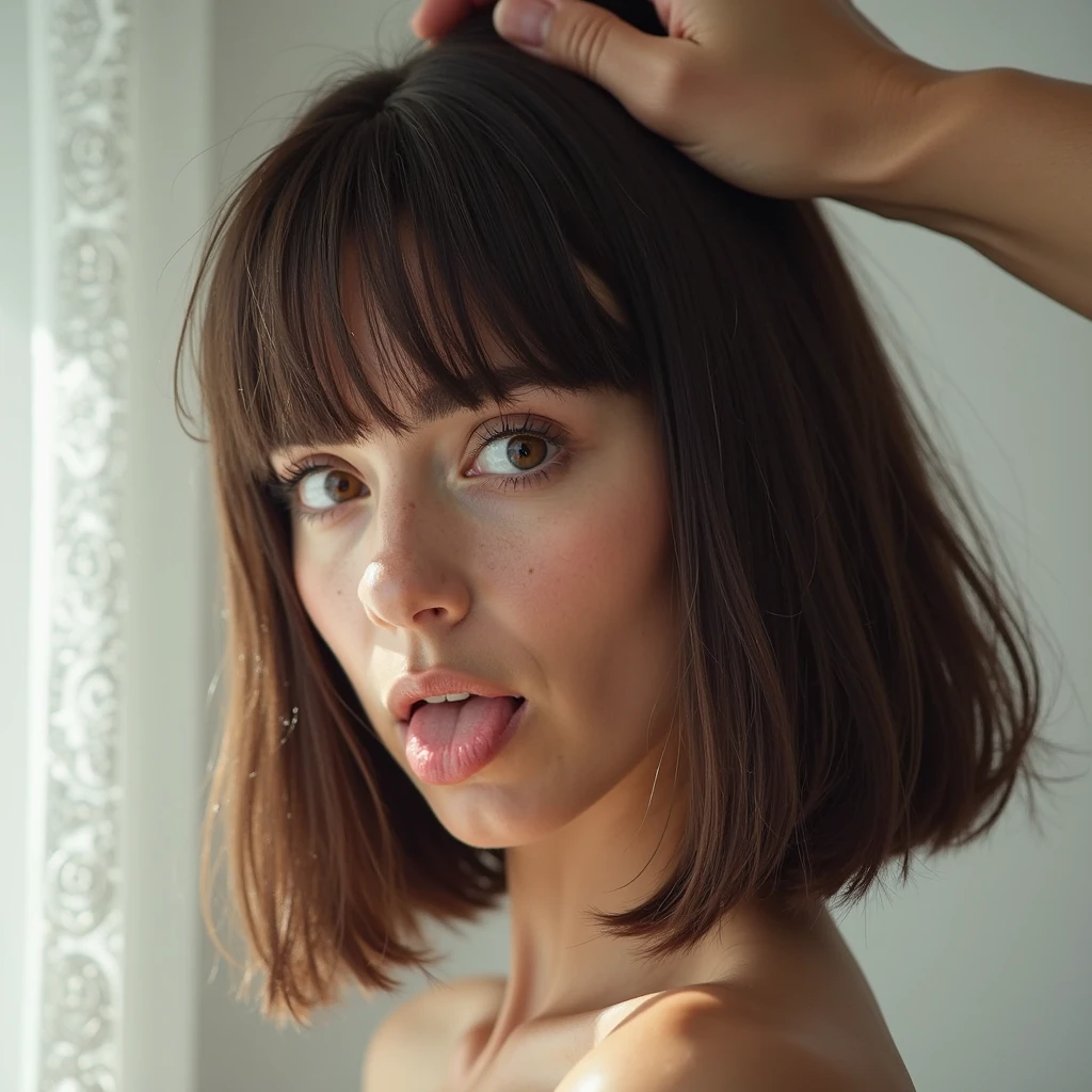 texture selfie flash photography of a woman with Medium brown Side-swept bangs hair top down close-up in leather goods store