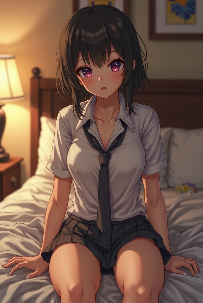 shinkai makoto, kimi no na wa., 1girl, bangs, bed sheet, open mouth, black hair, ponytail, blush, ???????, medium ??????, brown eyes, red bow, short hair, solo, upper body, white long sleeve shirt, unbuttoned shirt, ??????????, pink bra, medium ??????, cowboy shot, lying, ??????????????, on back, grey skirt, bedroom, POV, (????? boy's two hands touching girl's ????? POV, )