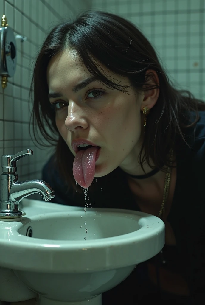 A man pissing at mouth og a Very Short hair pale skin woman in  bathroom humiliation 