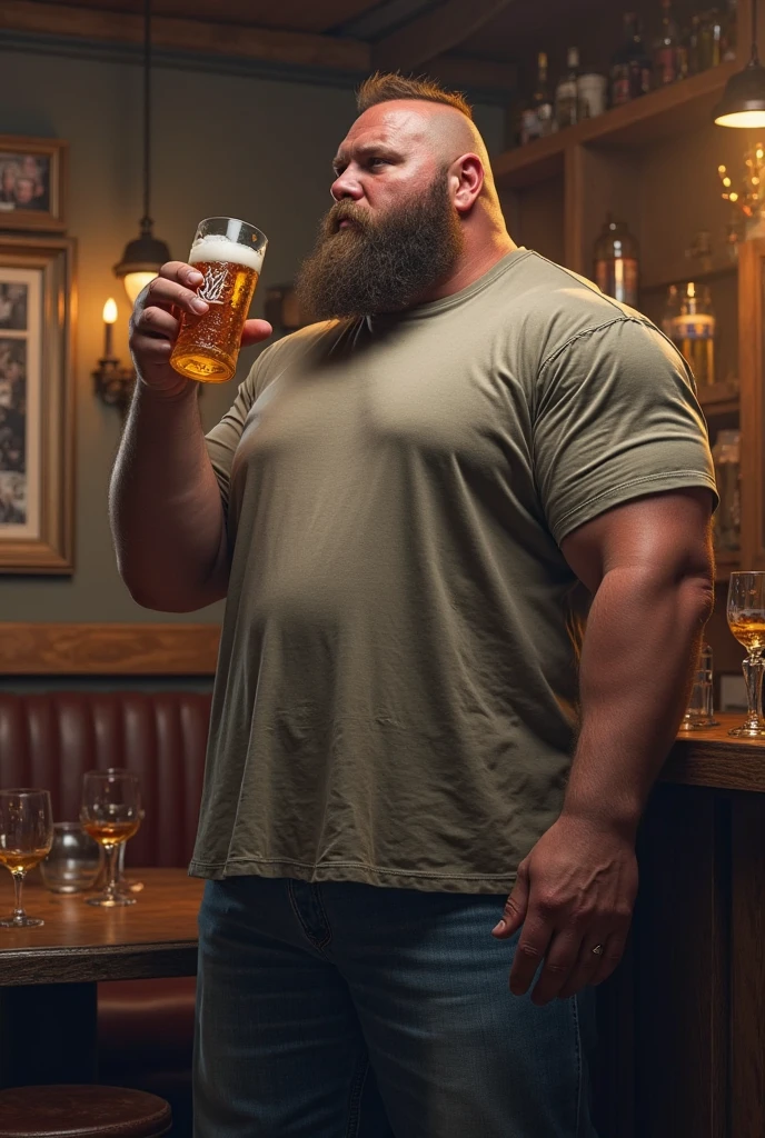 Drunk depressed miserable balding middle-aged man with big beer belly fat drinking a glass of beer on a worn out couch 8k ultra realistic, hd top quality --auto --s2