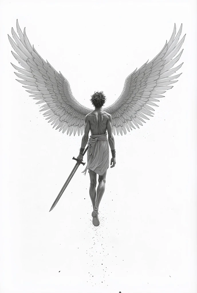 A pencil drawing of a small sized angel, posing like a God, topless, has a sword on his left side. Body and face of a man, his wings are long and spread out and his leg are crisscrossed.