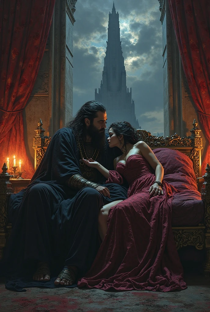 Hades sitting on his throne, with Persephone at his side