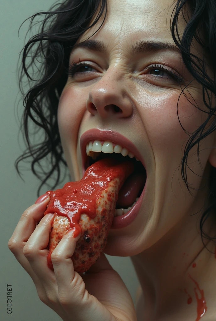 decapitated female head on a plate, covered in flesh, full of blood, ((eyes closed)), served like a food dish, bloody, photorealistic, 4K, Nikon, horror, ahegao face, tongue