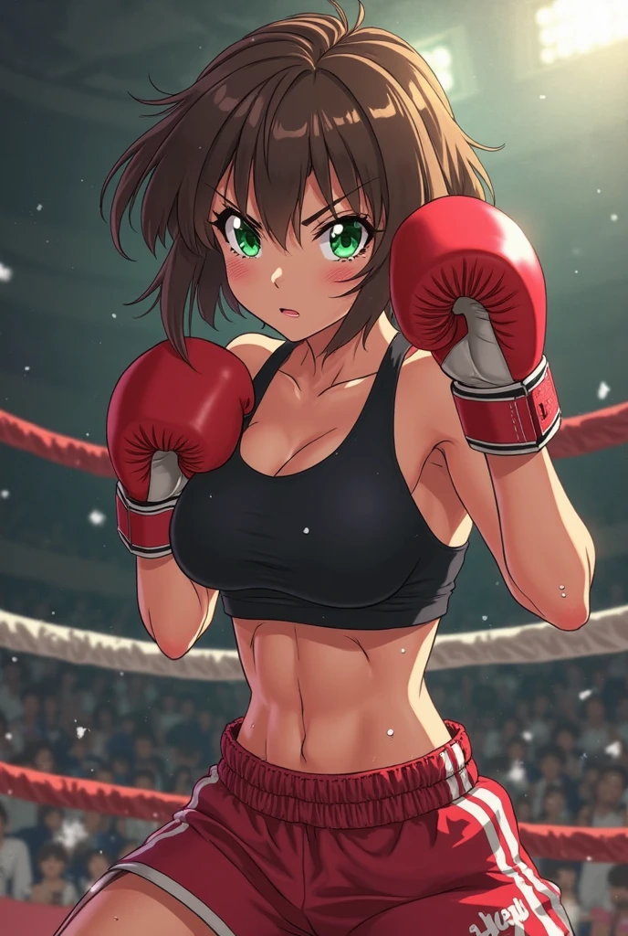 ((Masterpiece)) ((Ultra-detailed)) Miruku Toga, bobcut hairstyle, boxing bra and shortpant, Boxing stance, at boxing ring