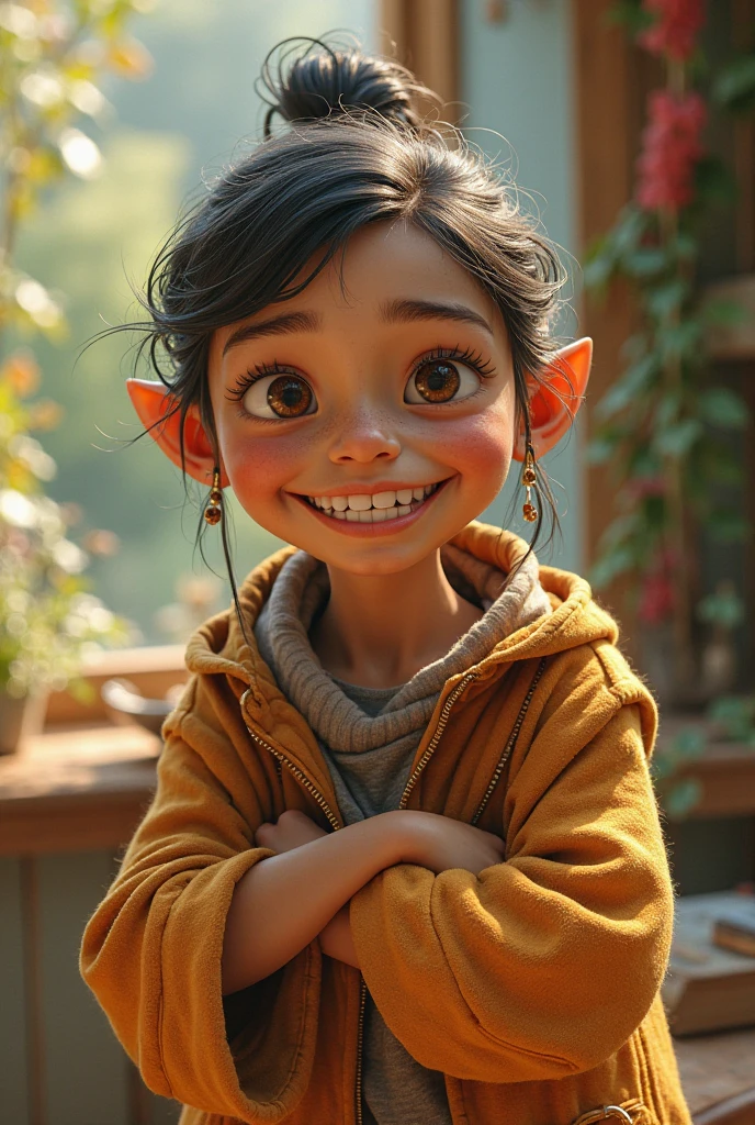 4 year old child, black curly hair with two braids in the hair, eyes black, Grinning,whole body,skin fair,long thin face