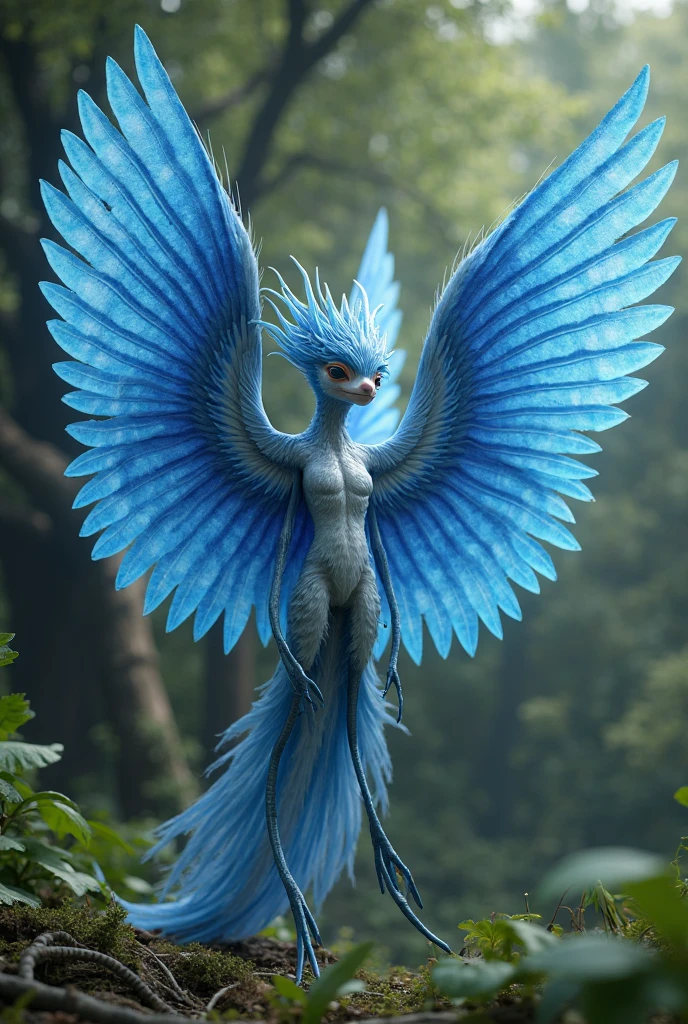 ((NSFW, sexual)), rio movie, jungle landscape, jewel a female Spix macaw, Blue feathers, avian, ((anthro)), human body, furry, feathered arms, ((exposing big breasts, big ass, pussy)), standing, turquoise eyes, bedroom eyes, seductive, smiling, realistic, digitigrade legs, detailed eyes