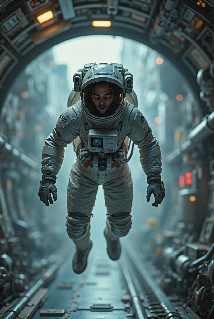 A realistic astronaut floating in zero gravity inside a space station ...