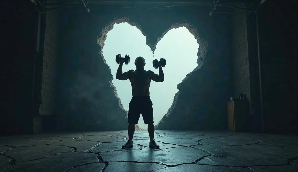 Animation of a muscular man, rebuilding a wall, holding your broken heart in one hand