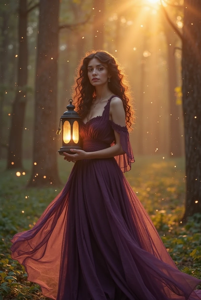 A mystical woman in a flowing dark purple dress stands in an enchanted ...